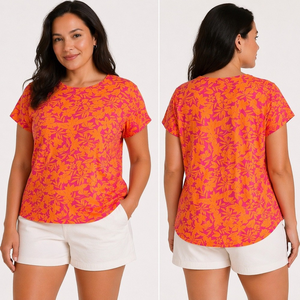 Lands' End Shirt Top Womens XL Floral Print Short Sleeve Hot Pink Orange Cotton
